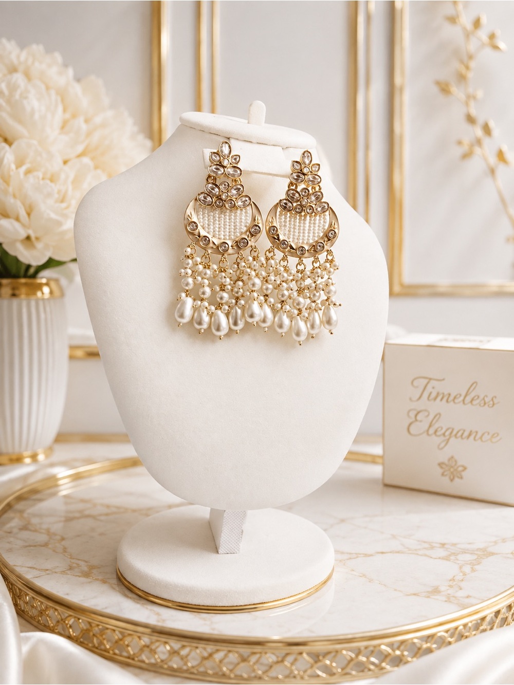 Gold Pearl Chandbali Earrings -